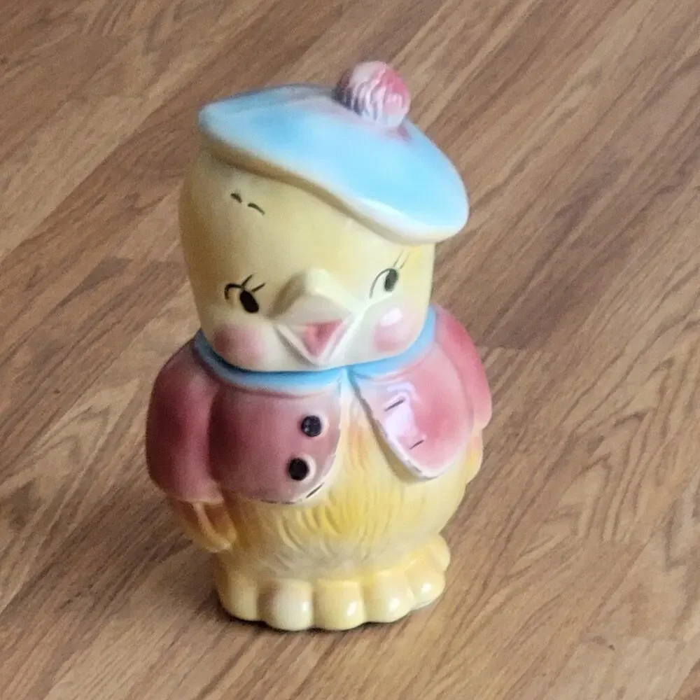Vintage American Bisque Chick Cookie Jar MCM 1950s Chickadee Pink Jacket Kitsch